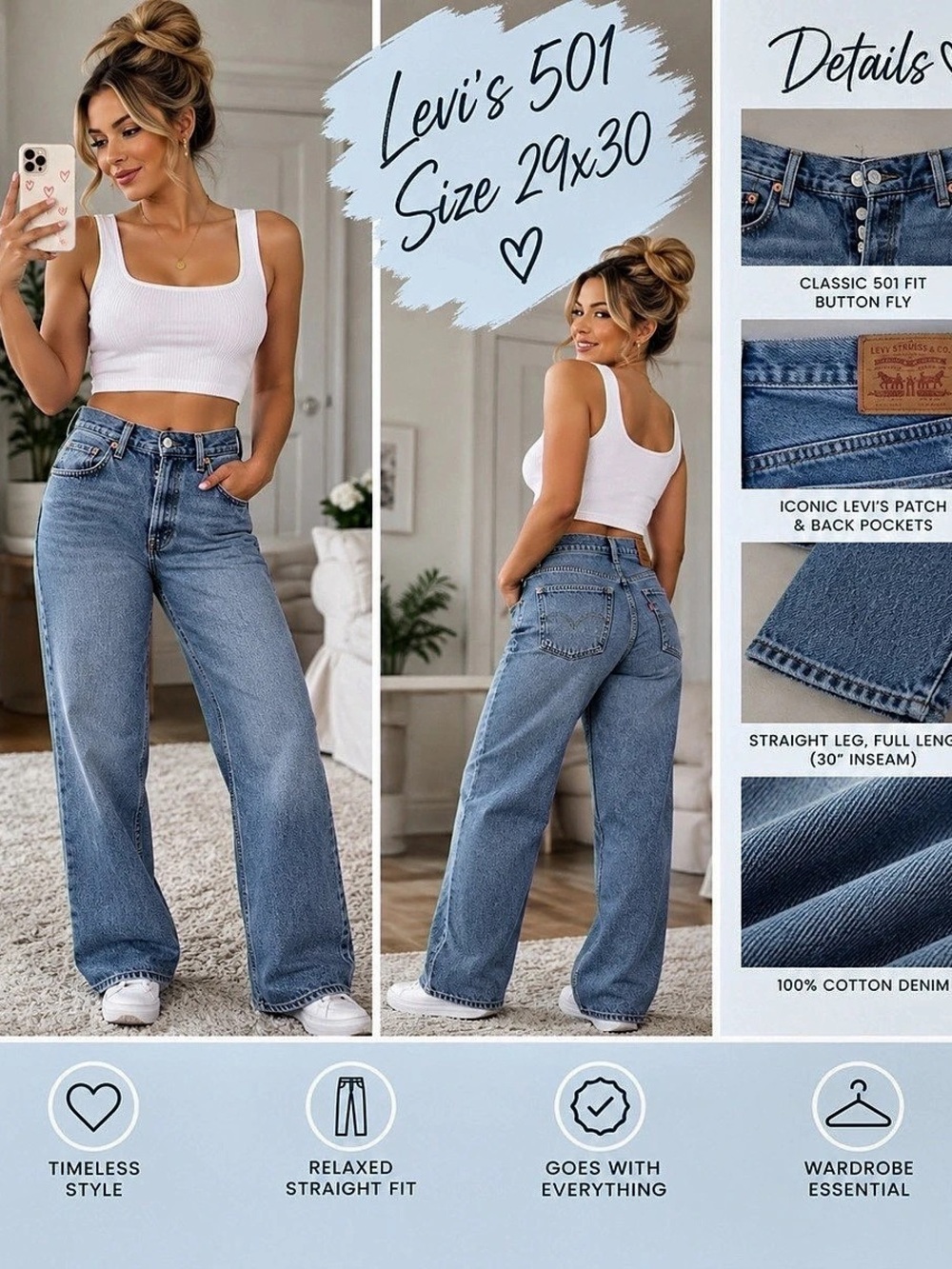 Levi's 501 Original Fit Jeans Straight Leg Blue Waist 29x30